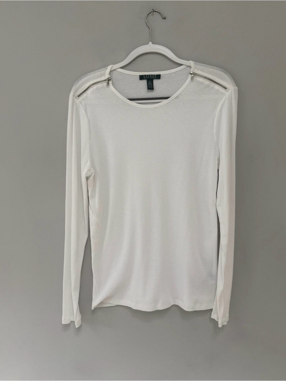 Lauren Ralph Lauren White Long-Sleeve Zip-Shoulder Ribbed Top XL